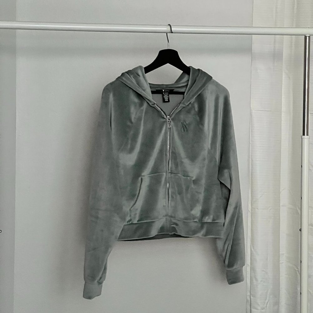 Victoria’s Secret Velour Cropped Zip Hoodie in Sage Green